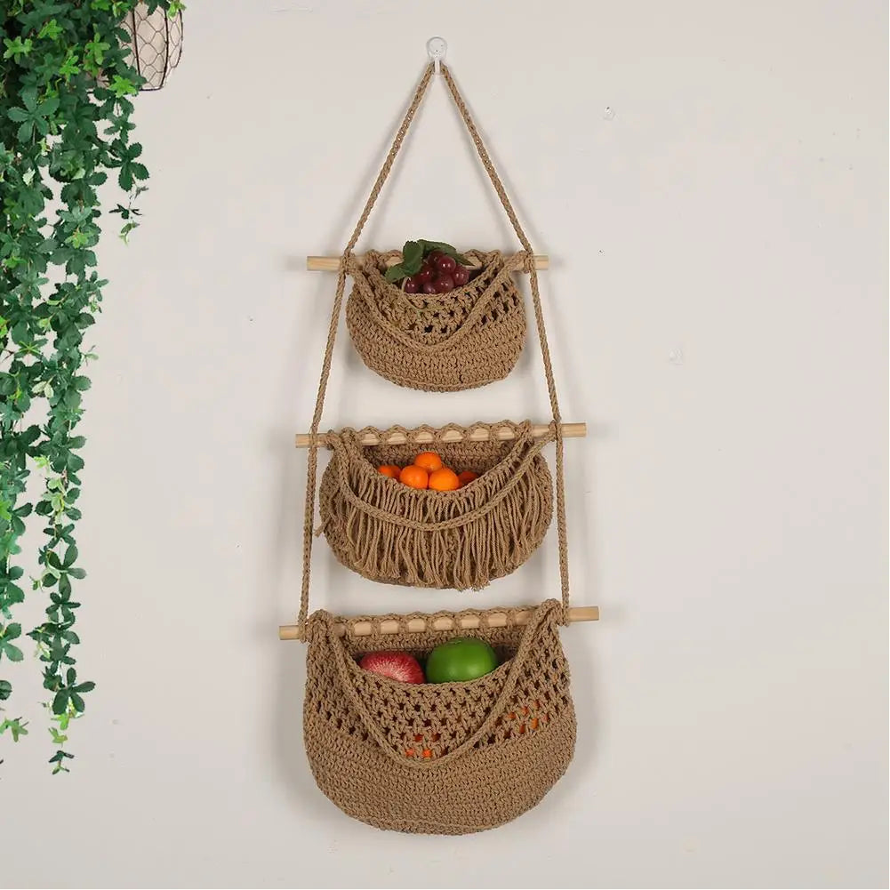 3-Tier Hanging Fruit Baskets | Bohemian Handwoven Storage