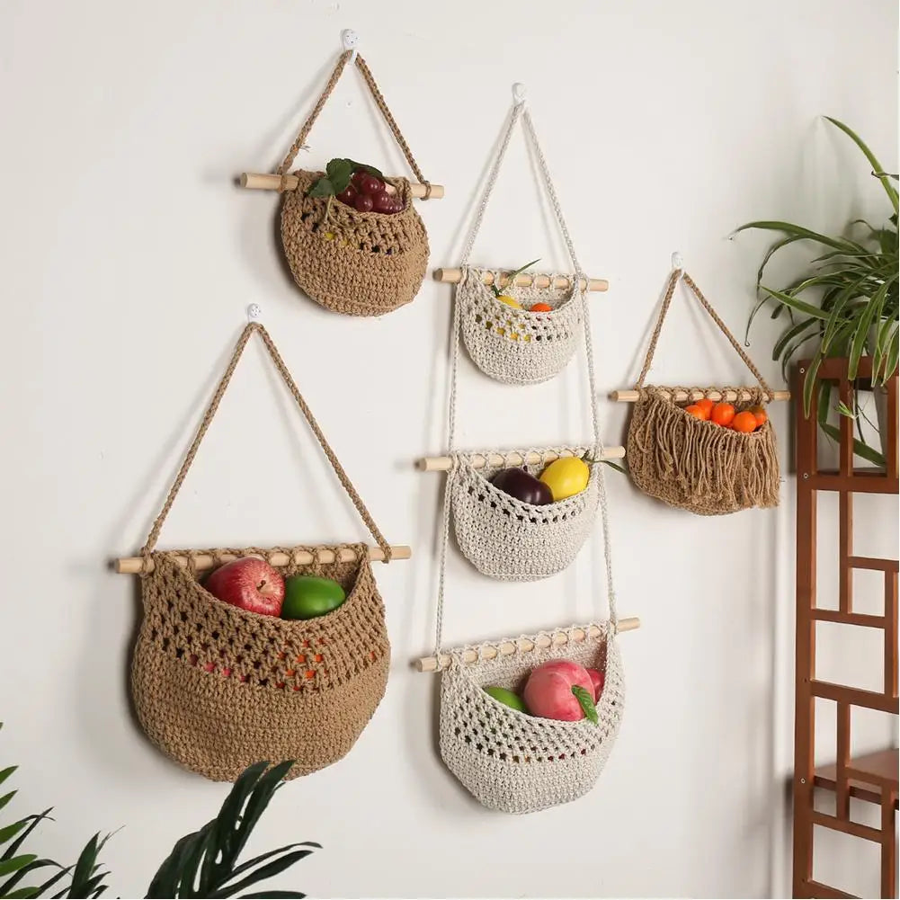 3-Tier Hanging Fruit Baskets | Bohemian Handwoven Storage