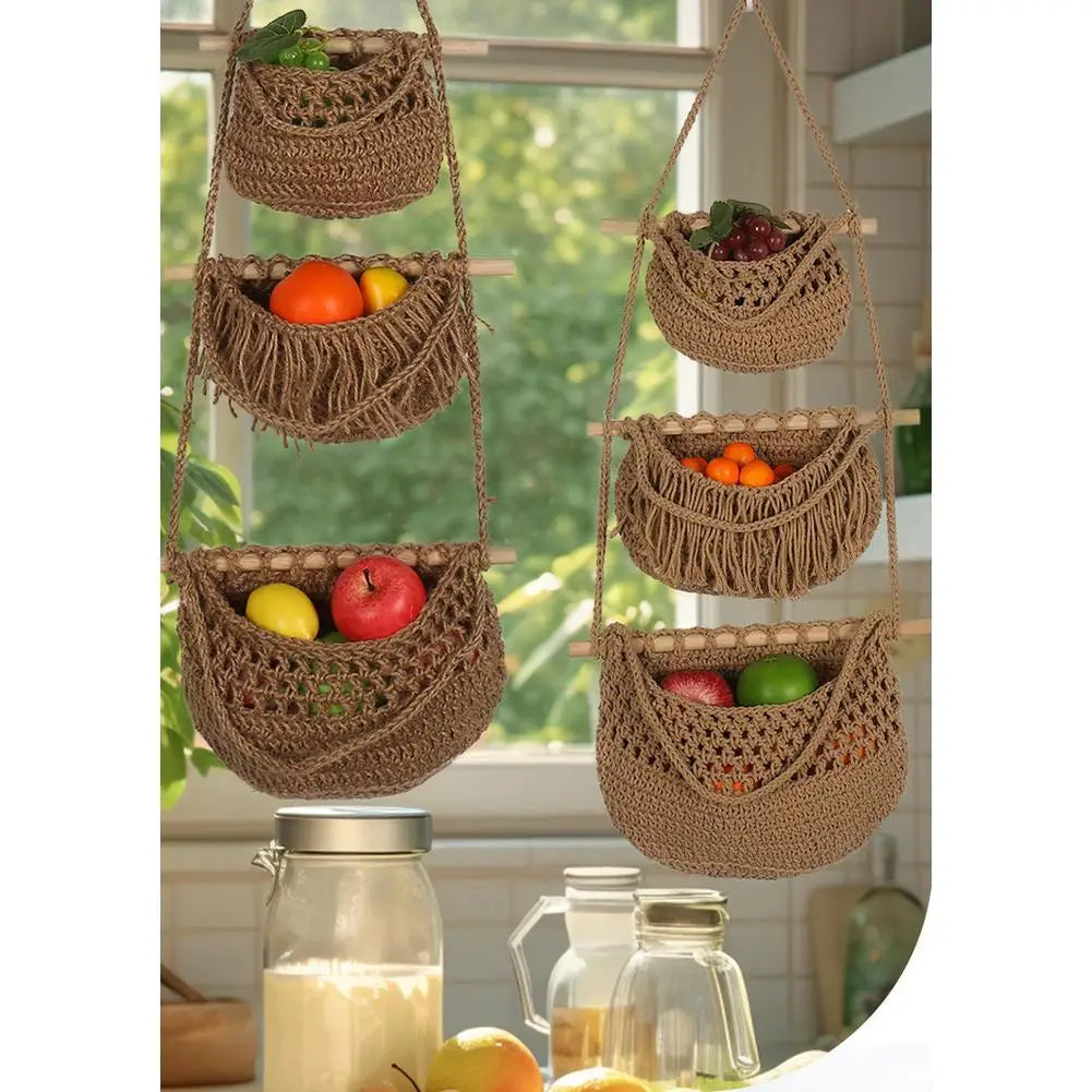 3-Tier Hanging Fruit Baskets | Bohemian Handwoven Storage