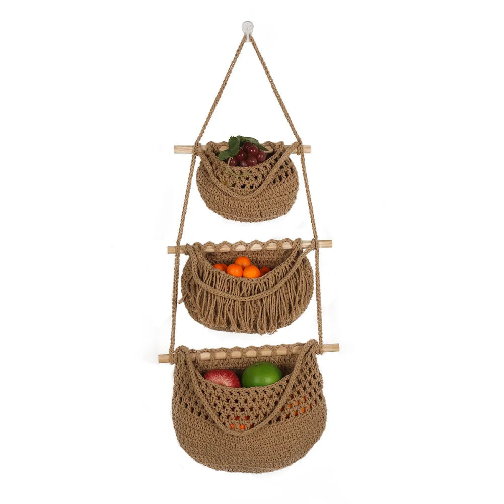 3-Tier Hanging Fruit Baskets | Bohemian Handwoven Storage