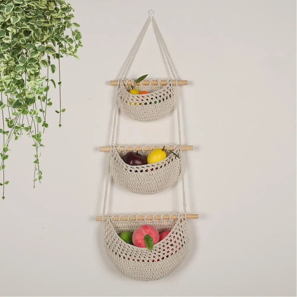3-Tier Hanging Fruit Baskets | Bohemian Handwoven Storage