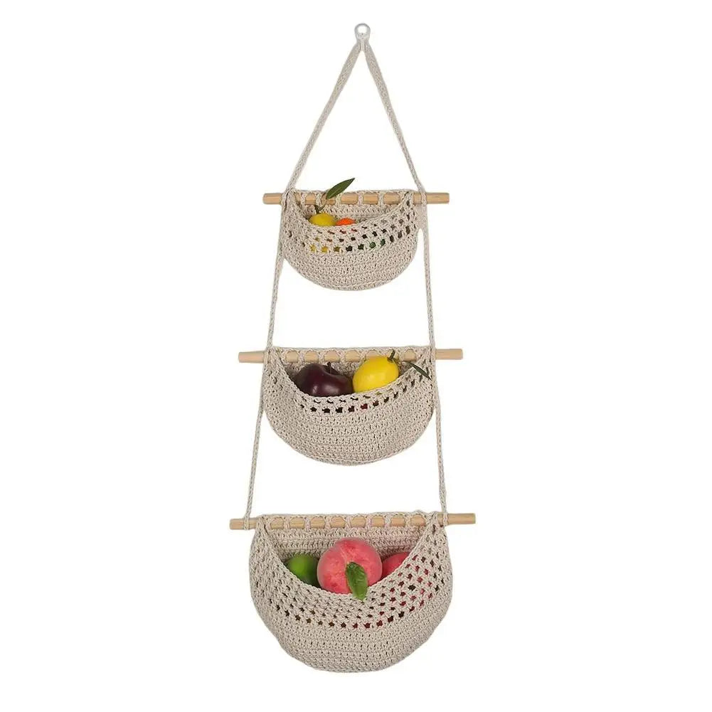 3-Tier Hanging Fruit Baskets | Bohemian Handwoven Storage