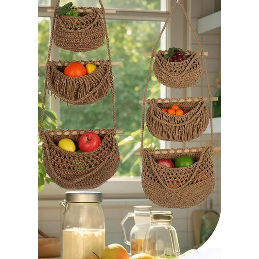 3-Tier Hanging Fruit Baskets | Bohemian Handwoven Storage