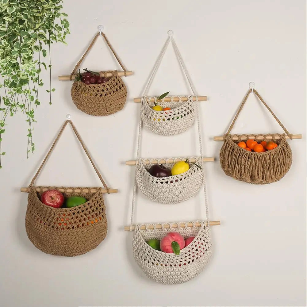3-Tier Hanging Fruit Baskets | Bohemian Handwoven Storage