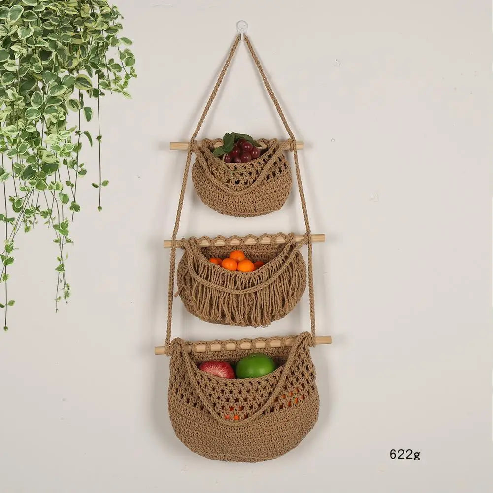 3-Tier Hanging Fruit Baskets | Bohemian Handwoven Storage