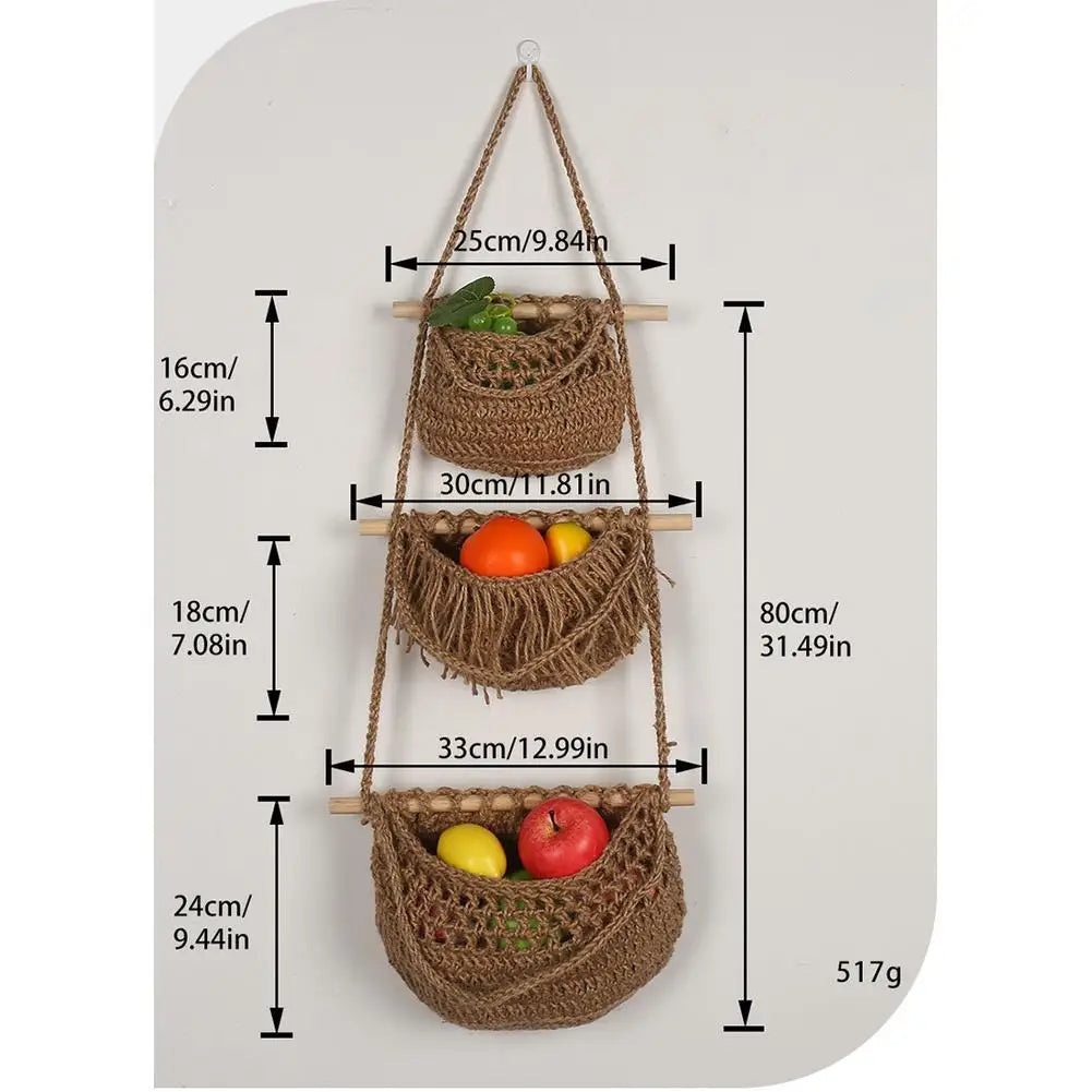 3-Tier Hanging Fruit Baskets | Bohemian Handwoven Storage