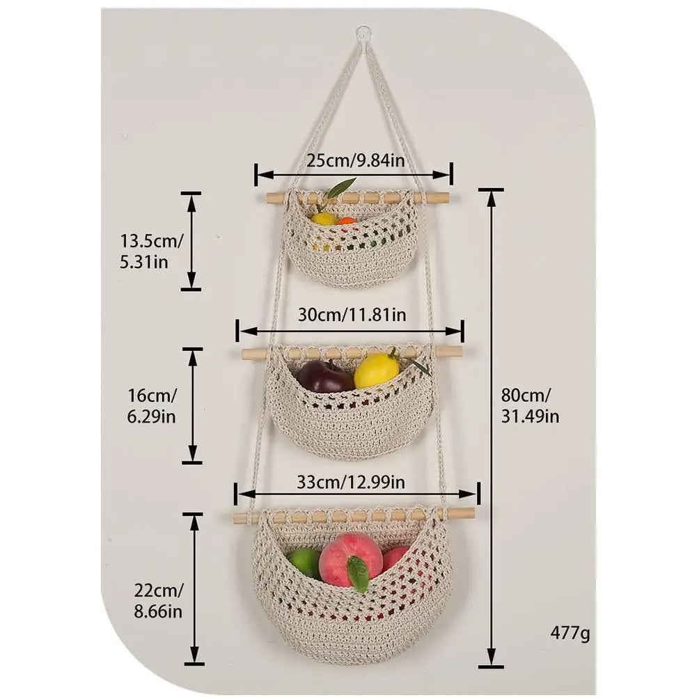 3-Tier Hanging Fruit Baskets | Bohemian Handwoven Storage